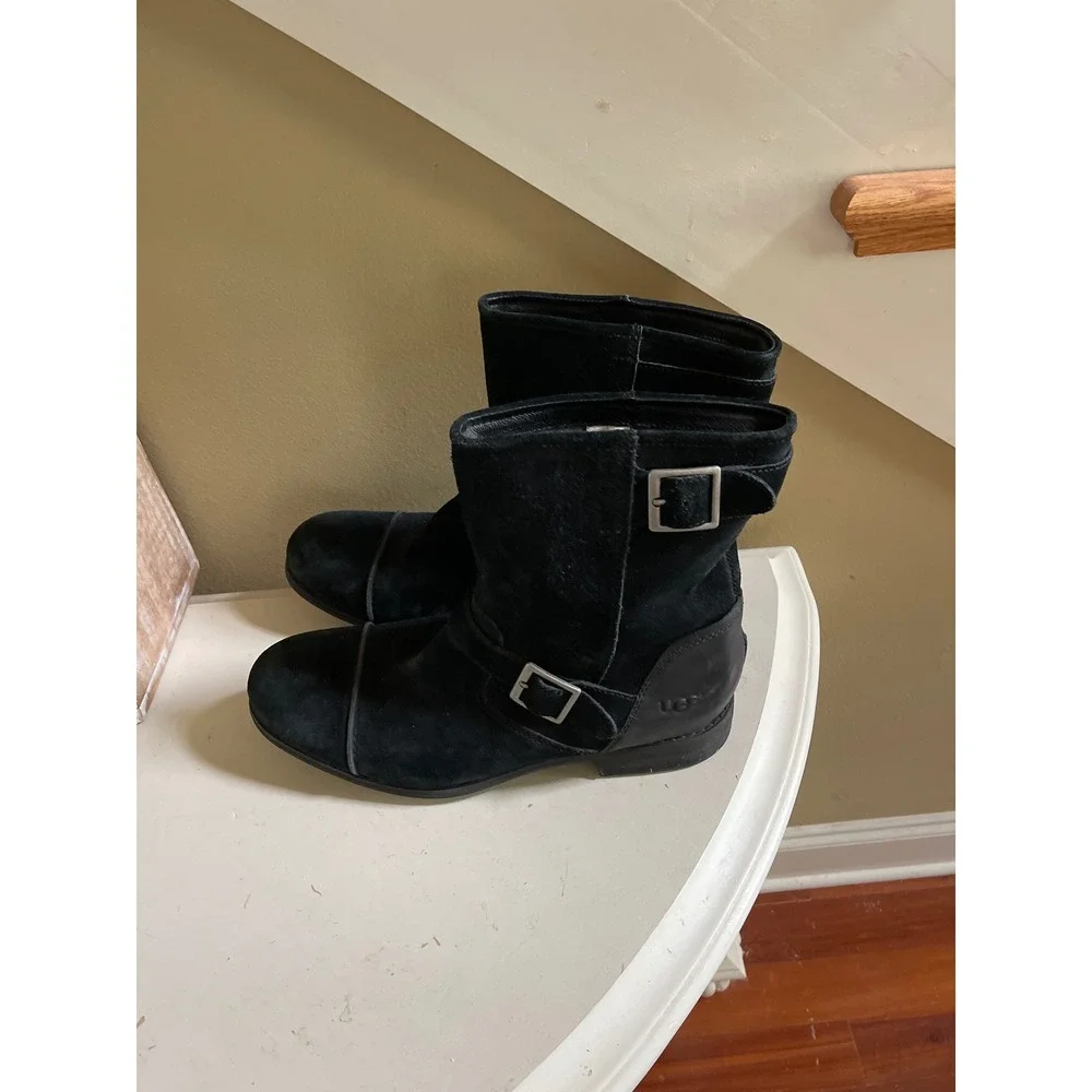 UGG LANCING BLACK VINTAGE DISTRESSED SUEDE BUCKLE BOOTS MEN US 10.5